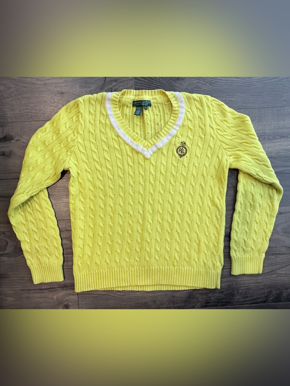 Vintage Y2K Ralph Lauren Active CableKnit Crest Sweater Yellow Golfcore Tennis S